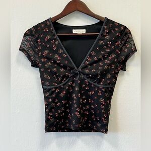 Aeropostale Black Floral Mesh V-Neck Crop Top Sheer Corset Seaming